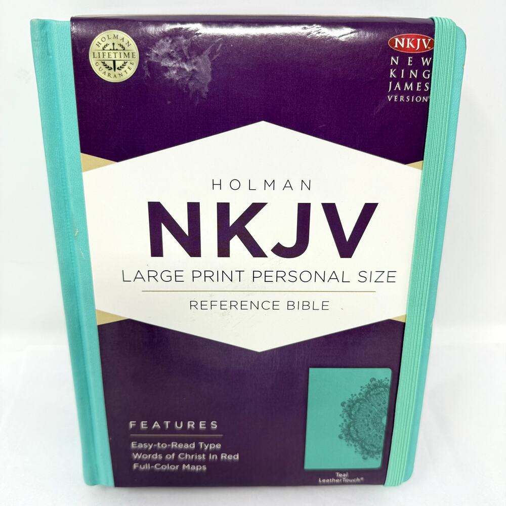Holman NKJV Large Print Personal Size Reference Bible Teal Floral Edge New *flaw